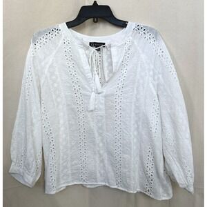G Greige White Eyelet Boho Peasant Blouse Top Size L Cotton Tassel Cottagecore